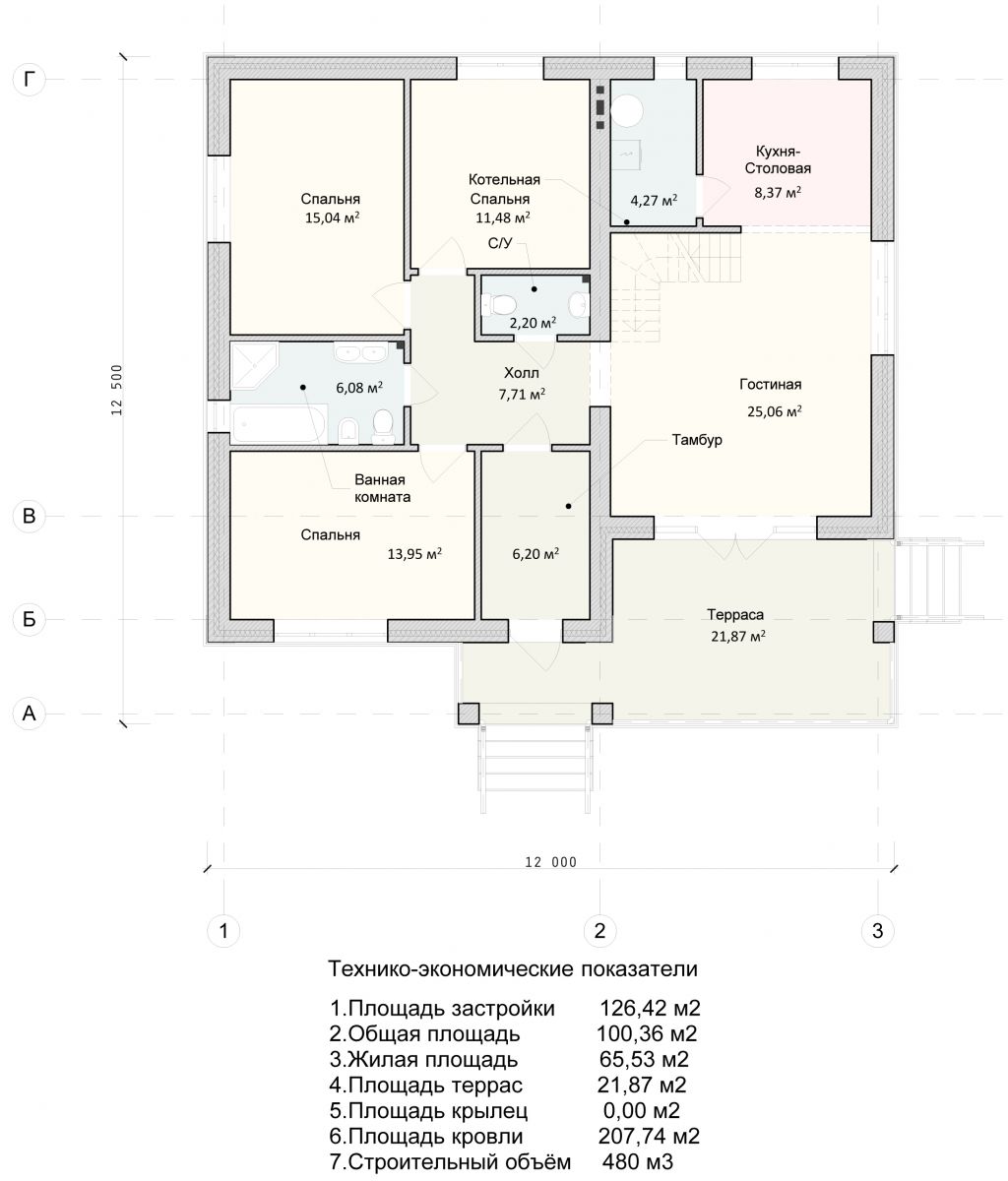 Планировка дома 12 на 10 одноэтажный с 2 спальнями и гардеробной и котельной